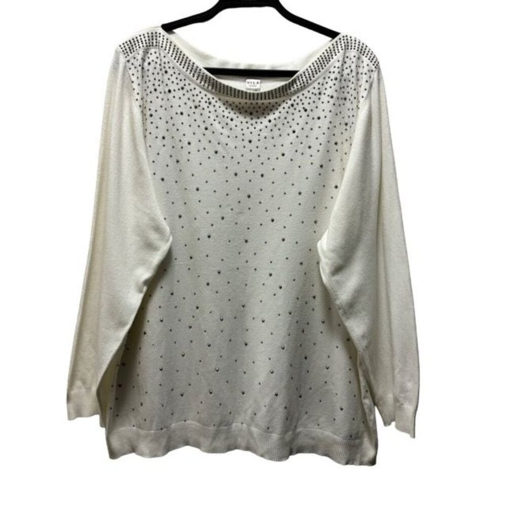 Vila Milano Woman 2X Beige Sweater With Studded Details Boat Neckline